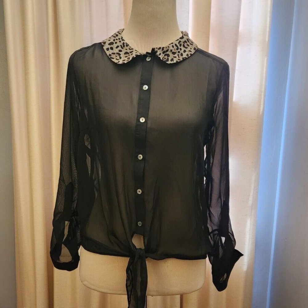 DEB Blouse Semi Sheer Button & Tie Front Shirt Black / Animal Print Medium NWT